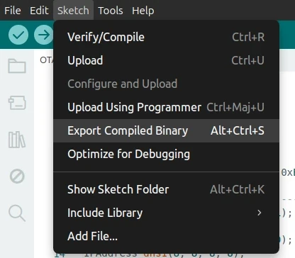 Export Compiled Binary button on the Arudino IDE top menu under the Sketch section