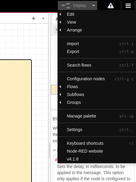 Node-RED menu on the webpage hosted locally located on the top right